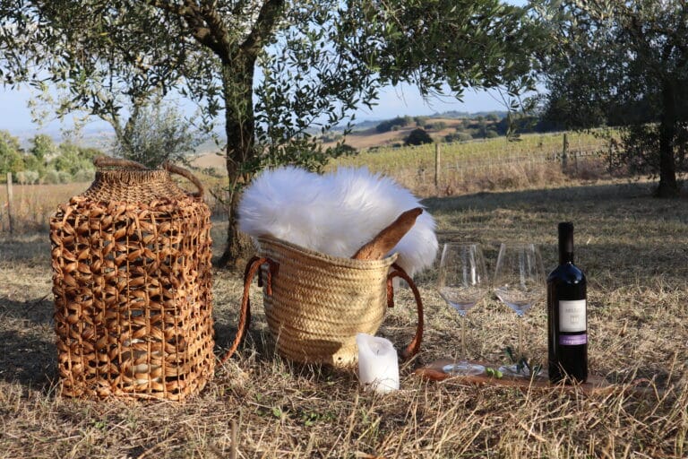 A picnic arrangement under olive trees featuring a large woven lantern, a straw tote bag with a white fluffy throw and a baguette, a burning white candle, two elegant wine glasses, and a bottle of red wine on a wooden board overlooking Tuscan vineyards.