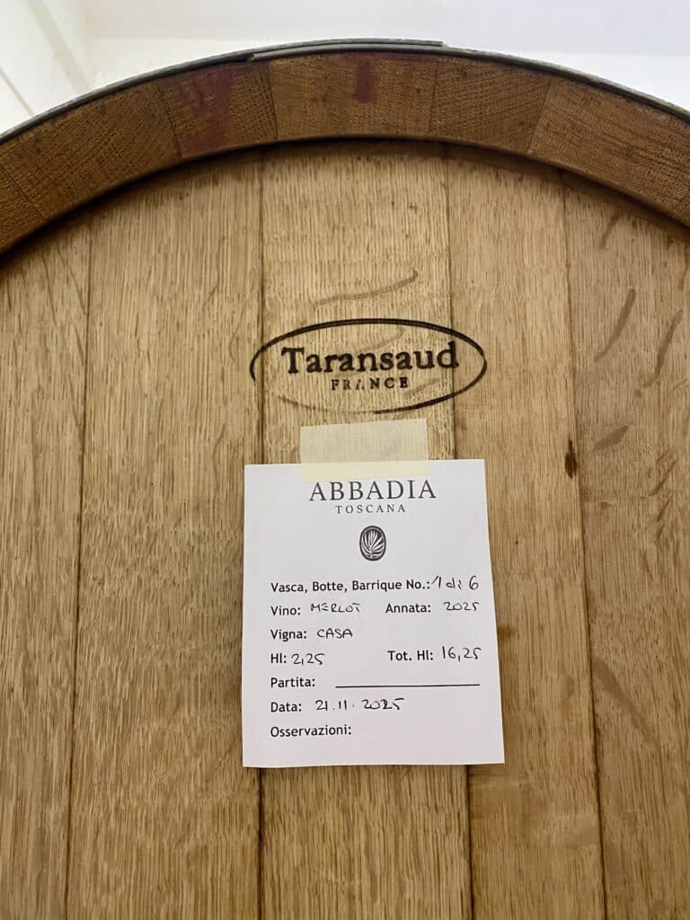 A barrel of Abbadia Merlot 2025: Certified organic red wine from Tuscany.